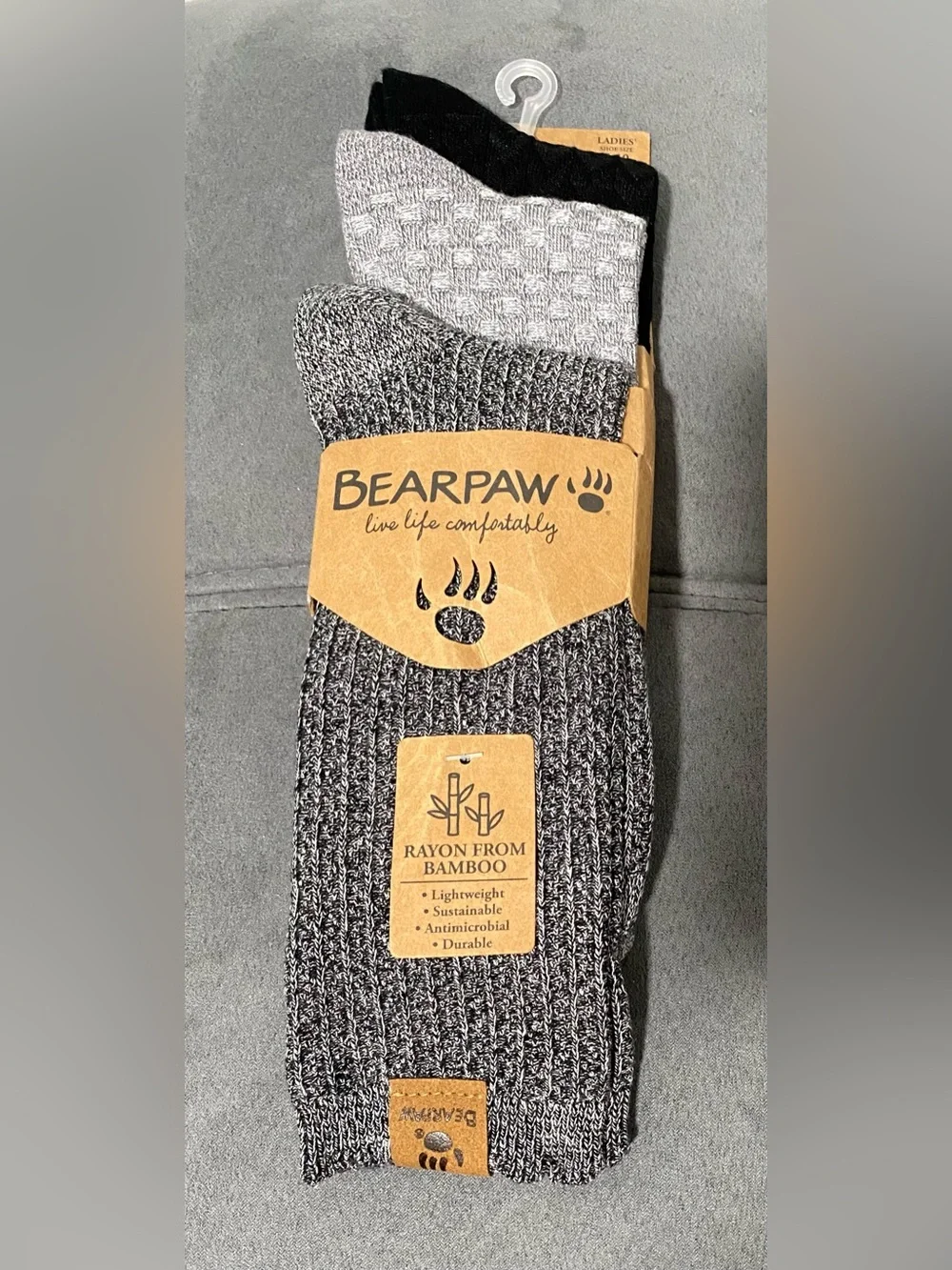 BEARPAW Rayon Bamboo Crew Socks 3 Pair Women Shoe Size 5-10 Gray Black NWT
